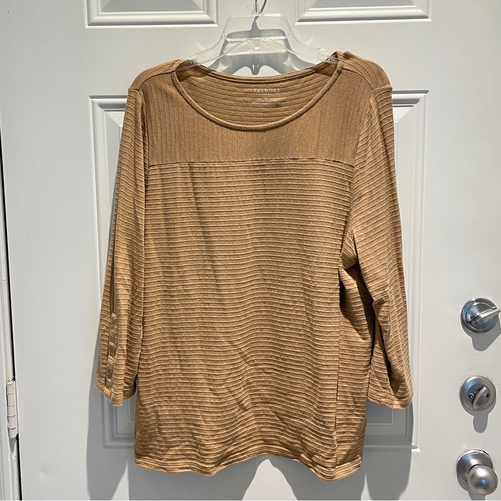 Talbot's Tan Cotton Neutral Knit Boatneck Ribbed 3/4 Long Sleeve Top Size XL